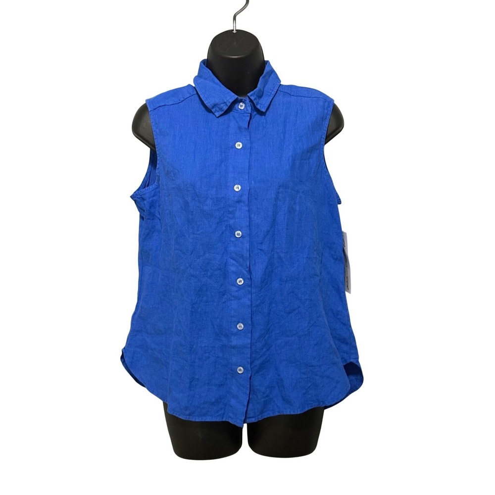 Lulu-B Womens Royal Blue 100% Linen Sleeveless Button Down Shirt Sz M NEW